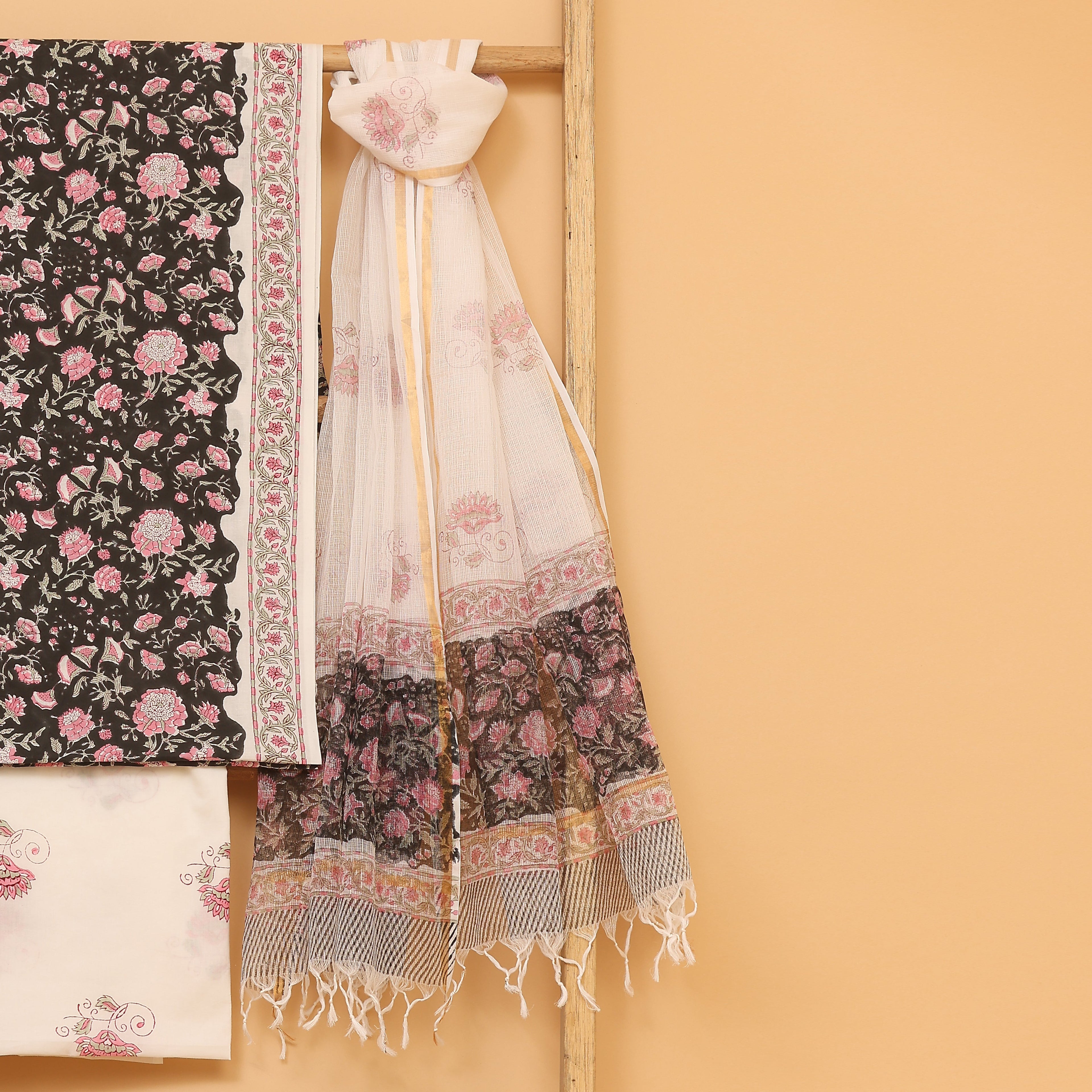 Chasm kalamkari hand block printed cotton  unstitched Suit set