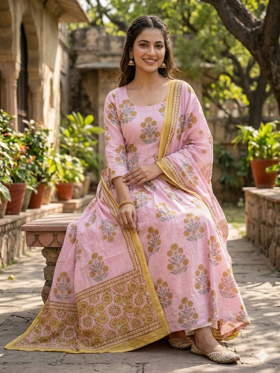 Aarohi Cotton Kalidar Dupatta Set .