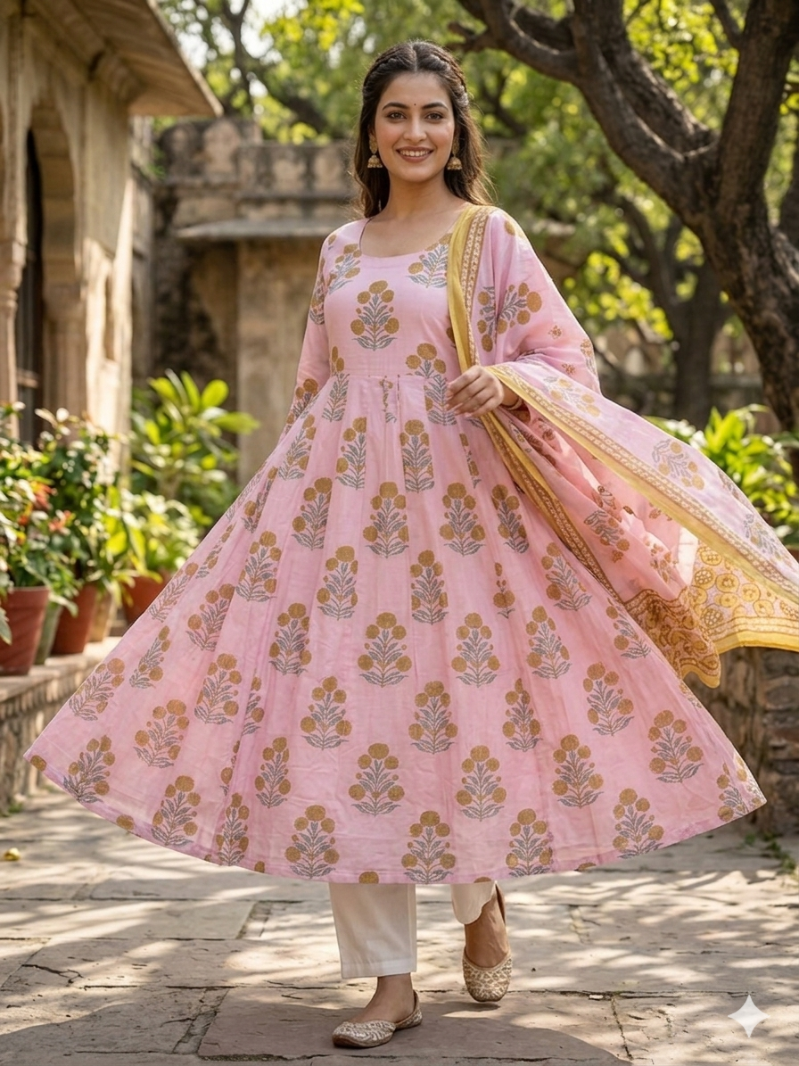 Aarohi Cotton Kalidar Dupatta Set .