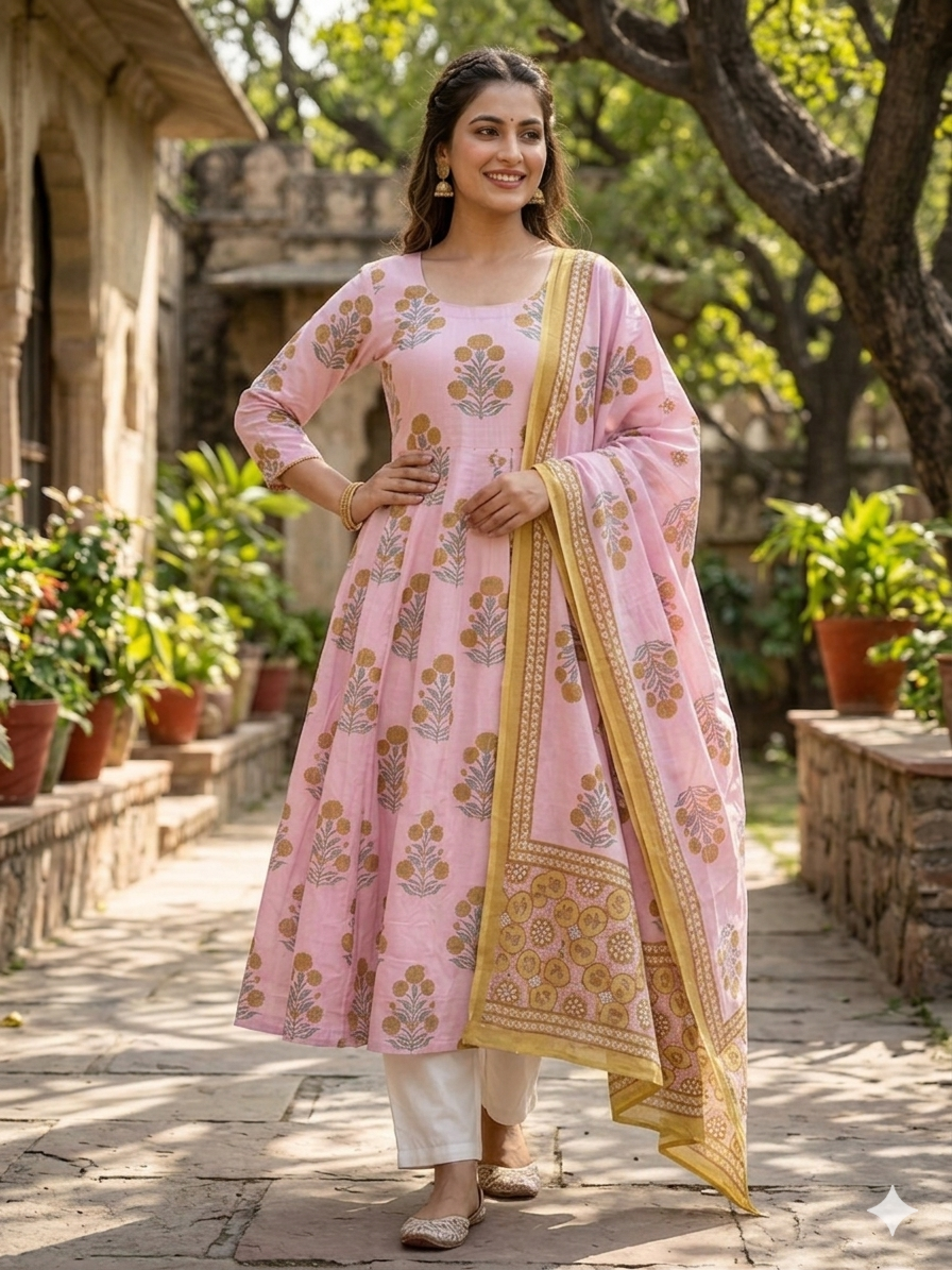 Aarohi Cotton Kalidar Dupatta Set .