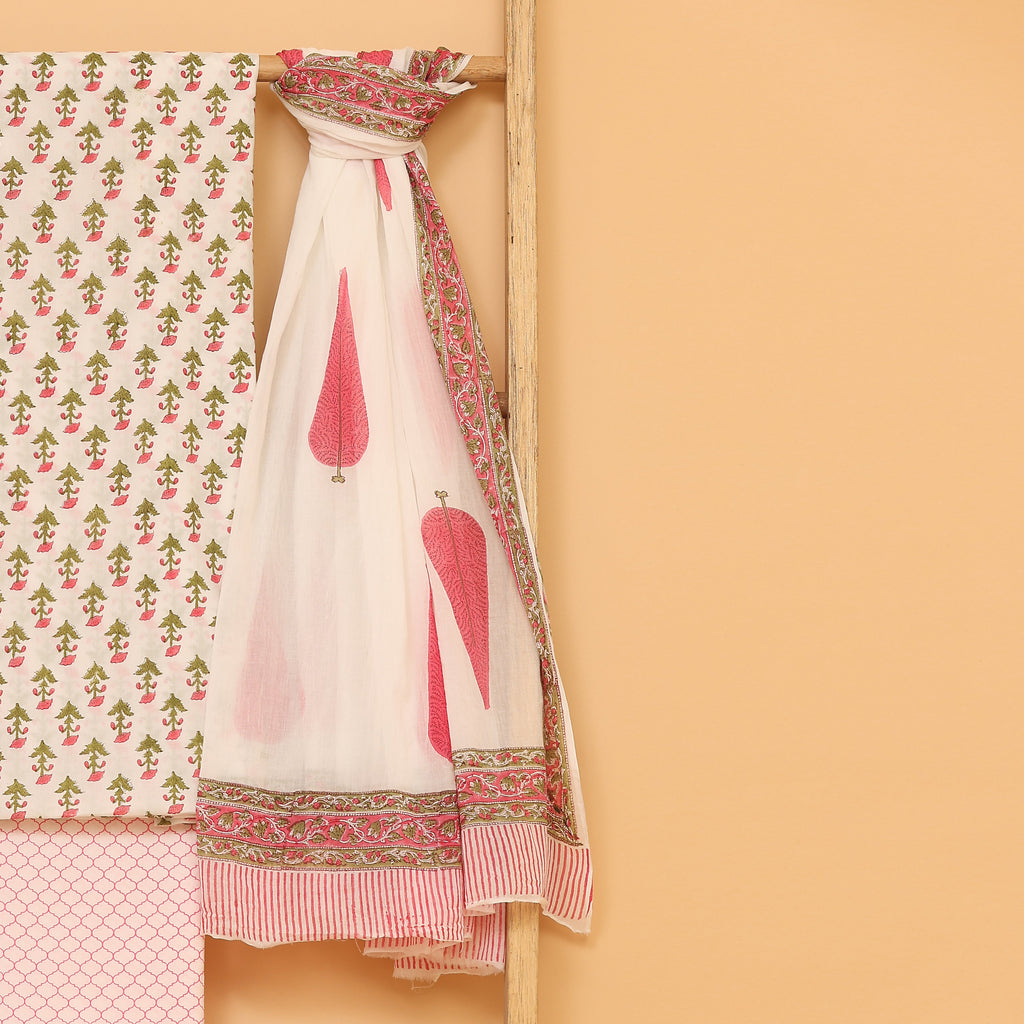 White with pink pure cotton hand block printed  unstitched Suit set