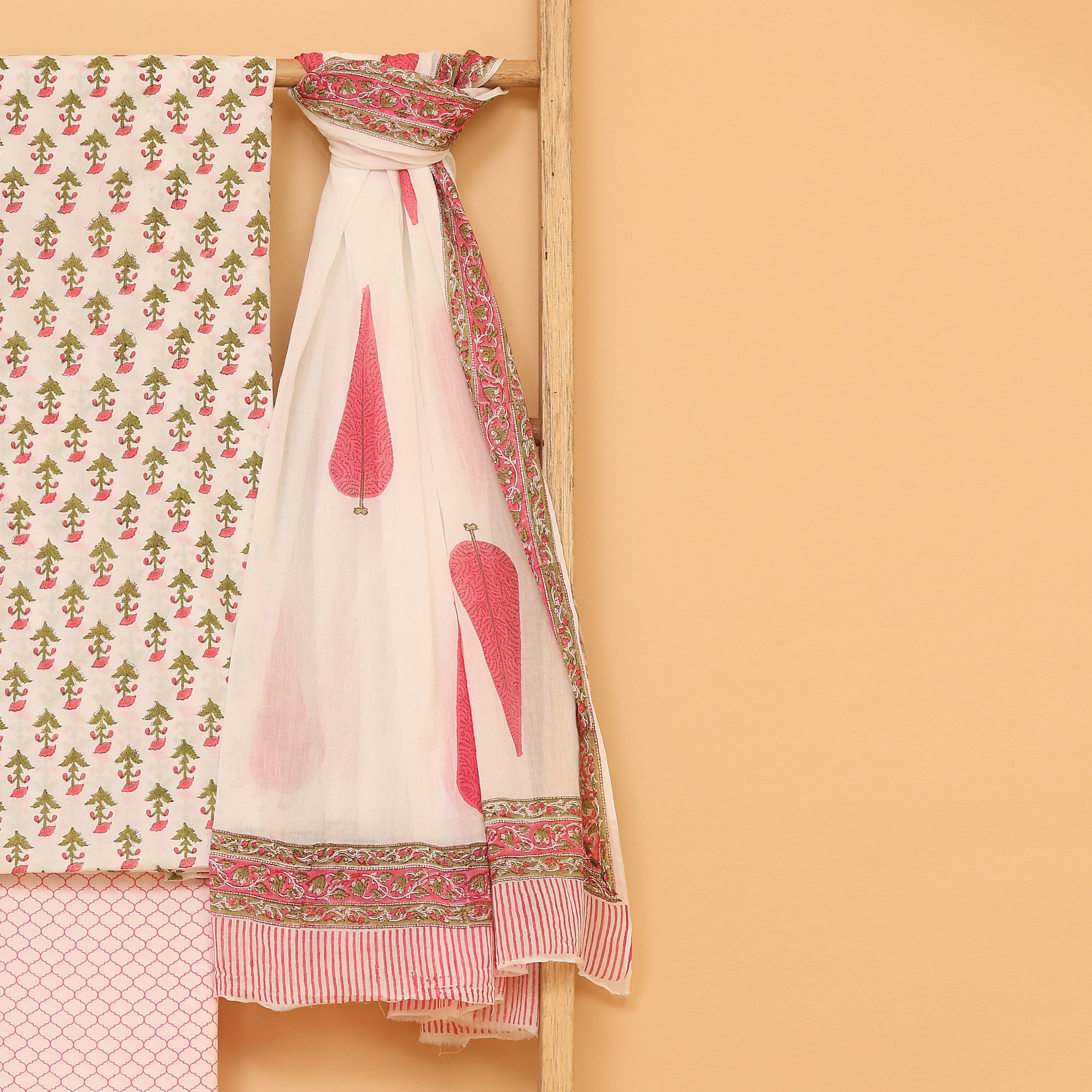 White with pink pure cotton hand block printed  unstitched Suit set
