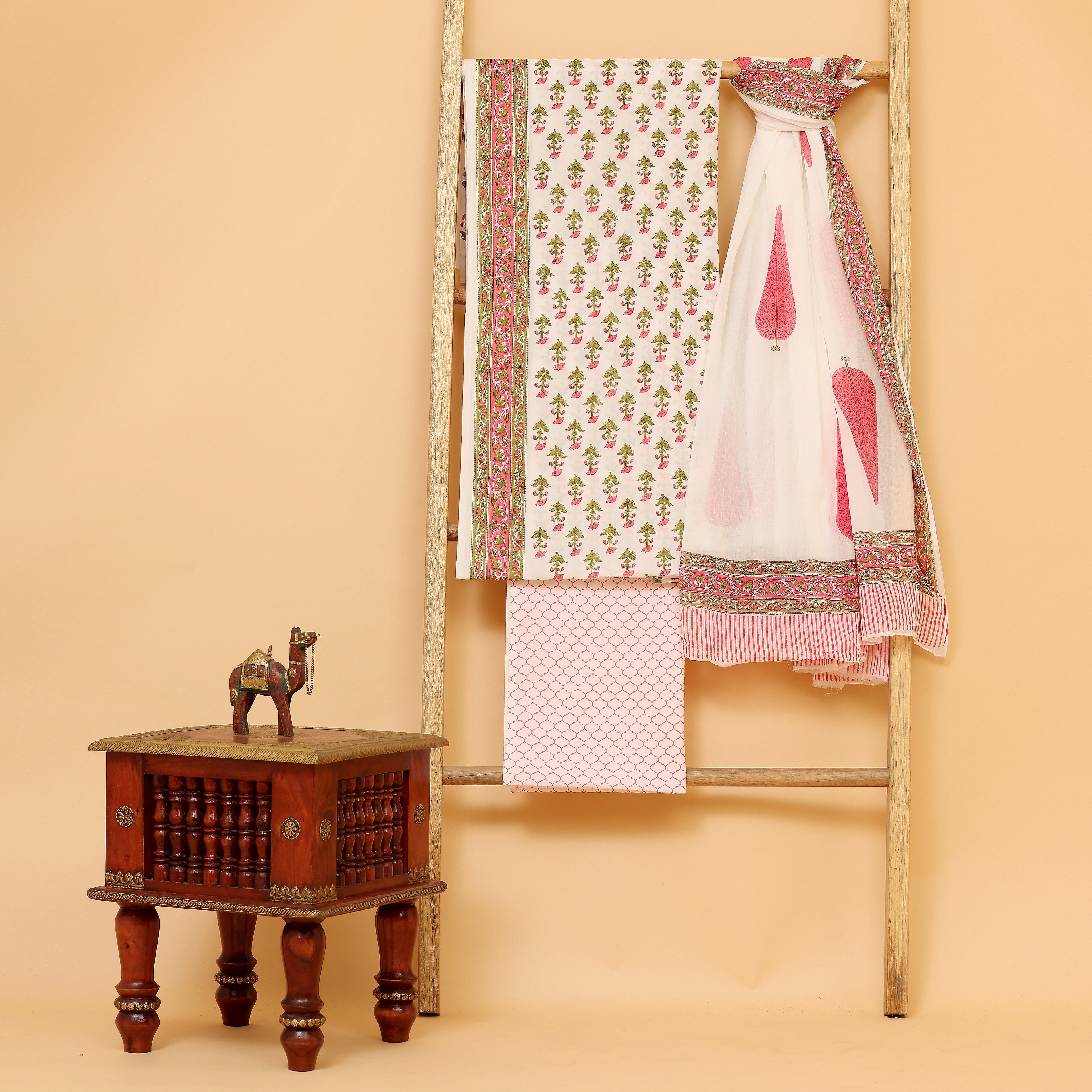 White with pink pure cotton hand block printed  unstitched Suit set