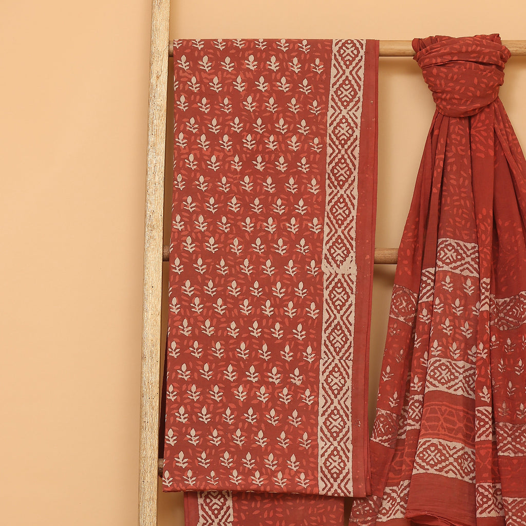Red hand block printed  cotton  unstitched Suit set