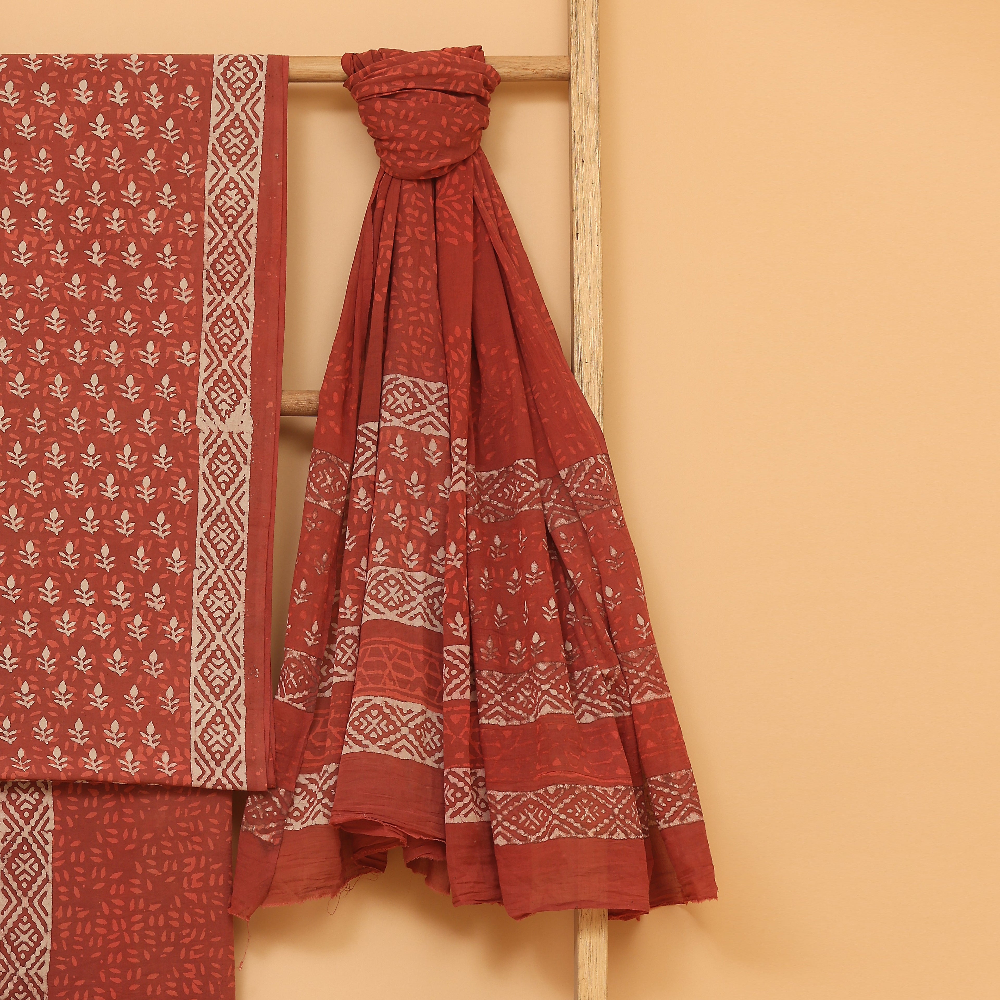 Red hand block printed  cotton  unstitched Suit set
