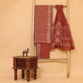 Red hand block printed  cotton  unstitched Suit set