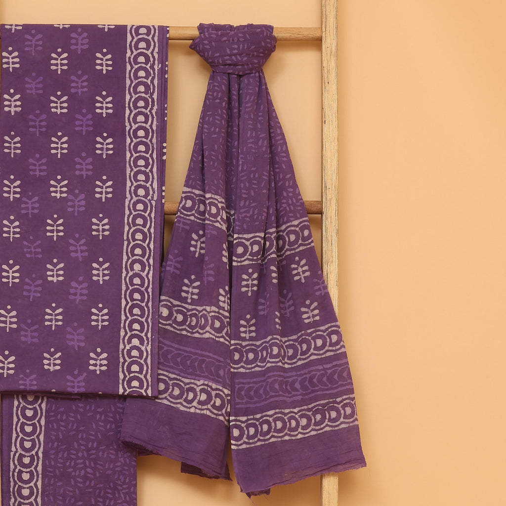 Purple Floral Handwoven Cotton  unstitched Suit set