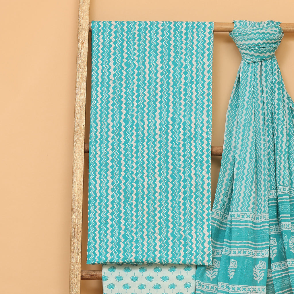 Hamza blue hand block printed cotton  unstitched Suit set