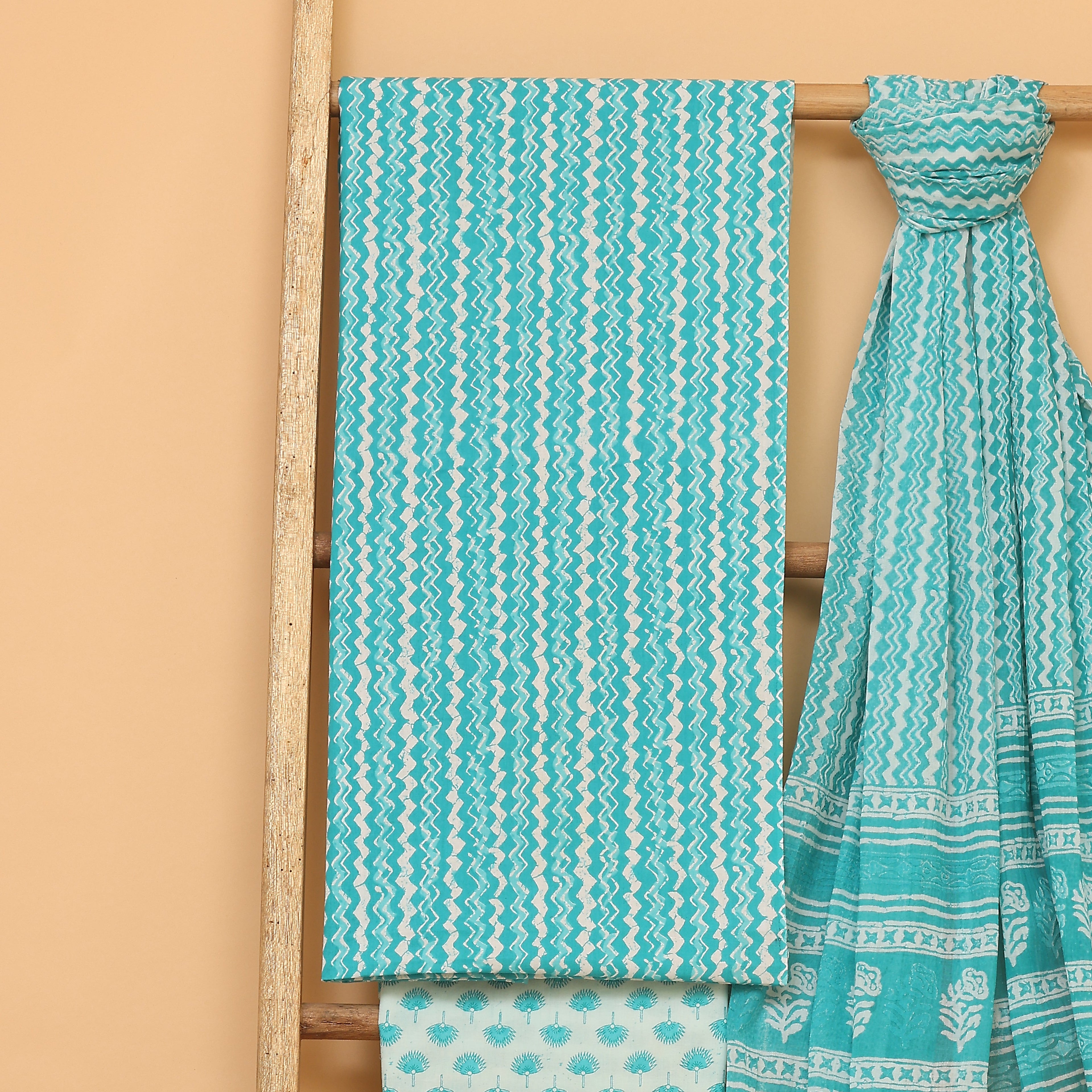 Hamza blue hand block printed cotton  unstitched Suit set