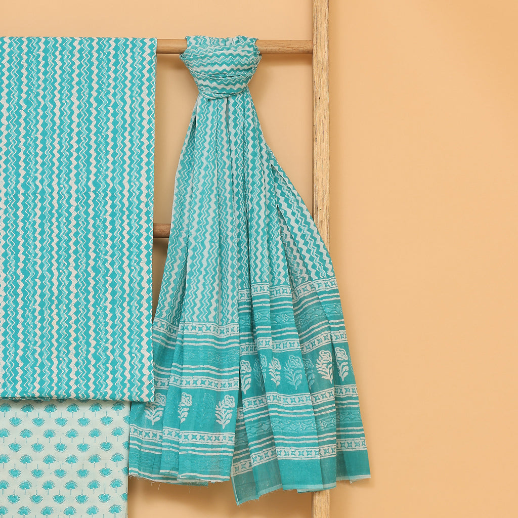 Hamza blue hand block printed cotton  unstitched Suit set
