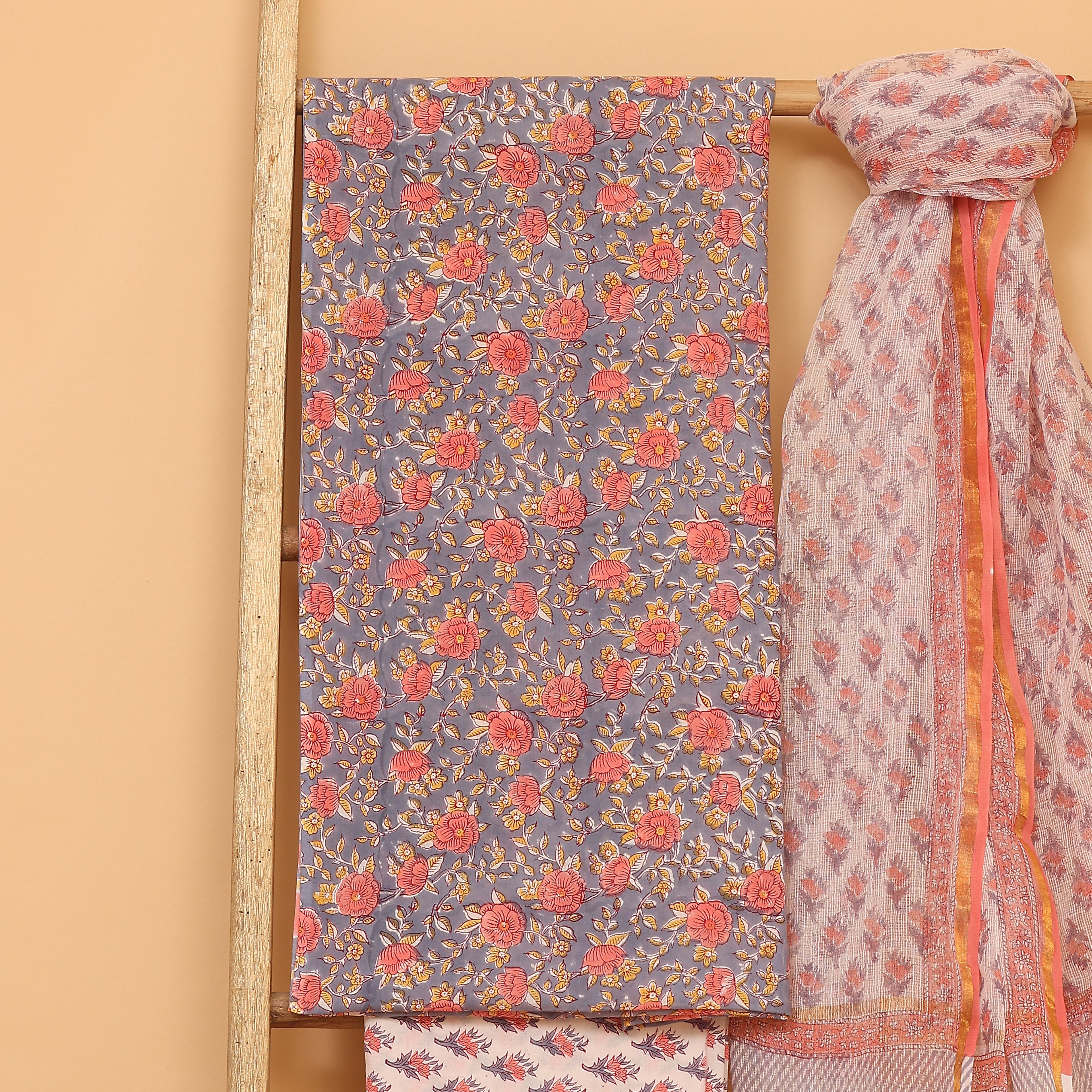 Bagru kalamkari hand block printed cotton  unstitched Suit set