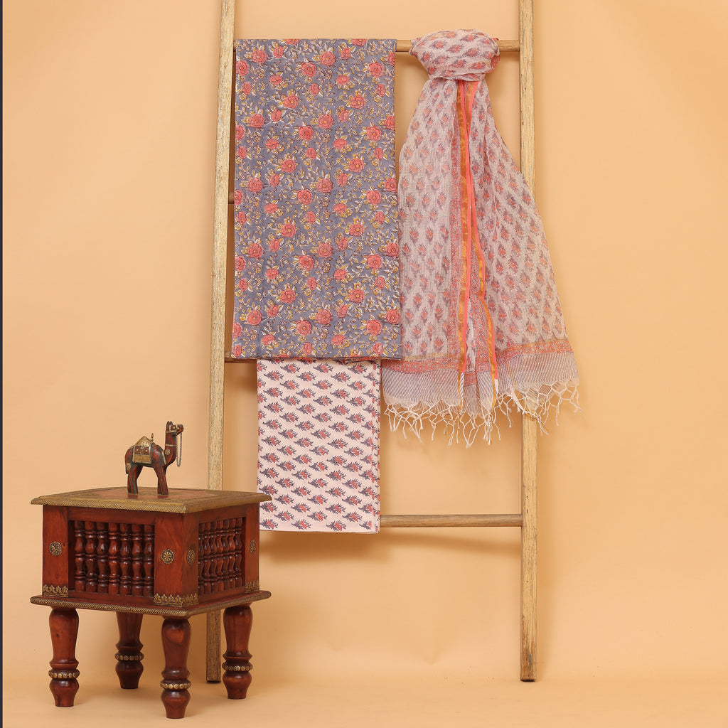 Bagru kalamkari hand block printed cotton  unstitched Suit set