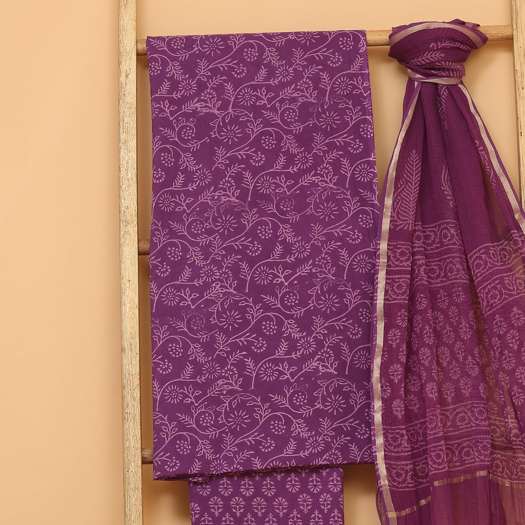 purple hand block printed unstitched Suit set