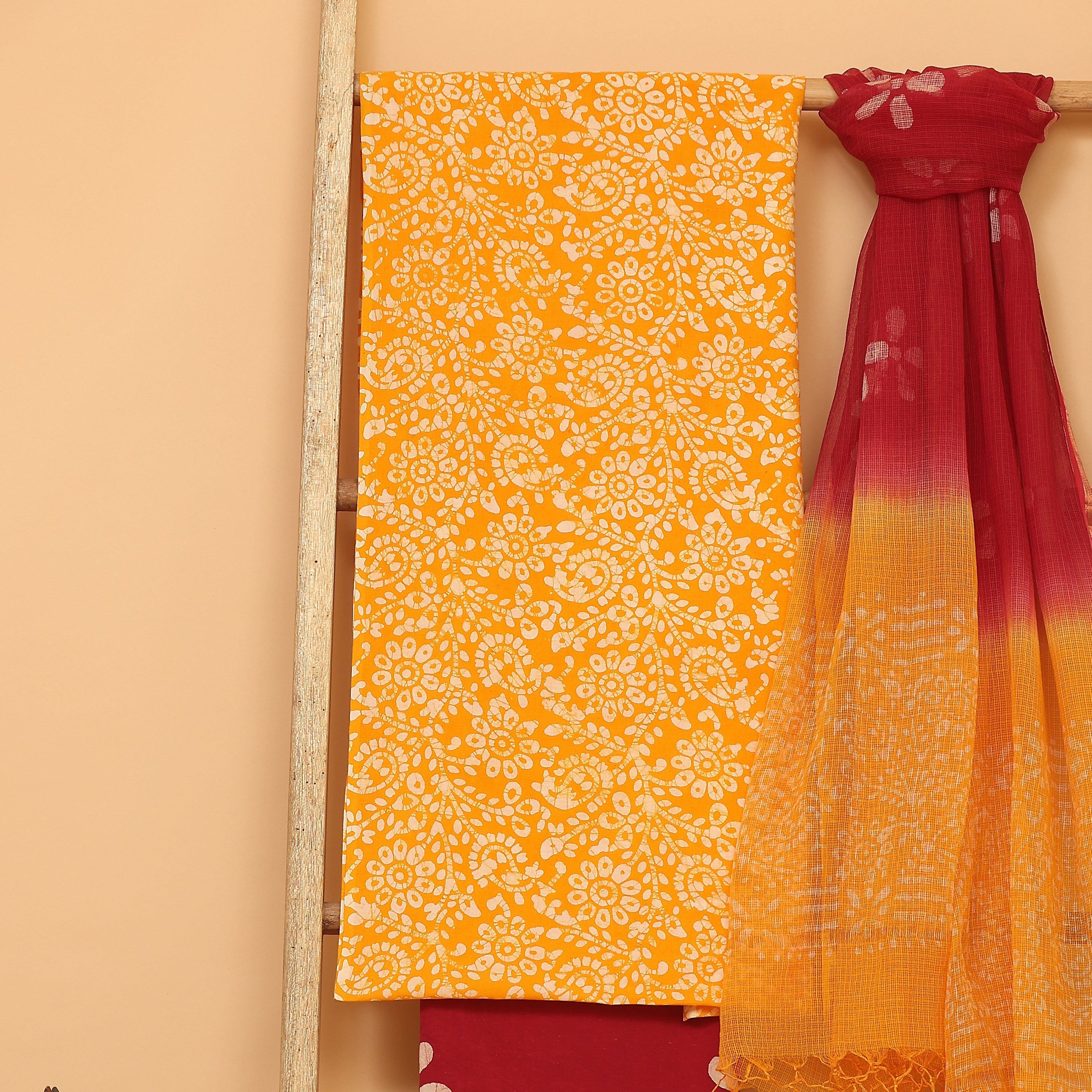 Yellow floral hand block printed  cotton unstitched Suit set