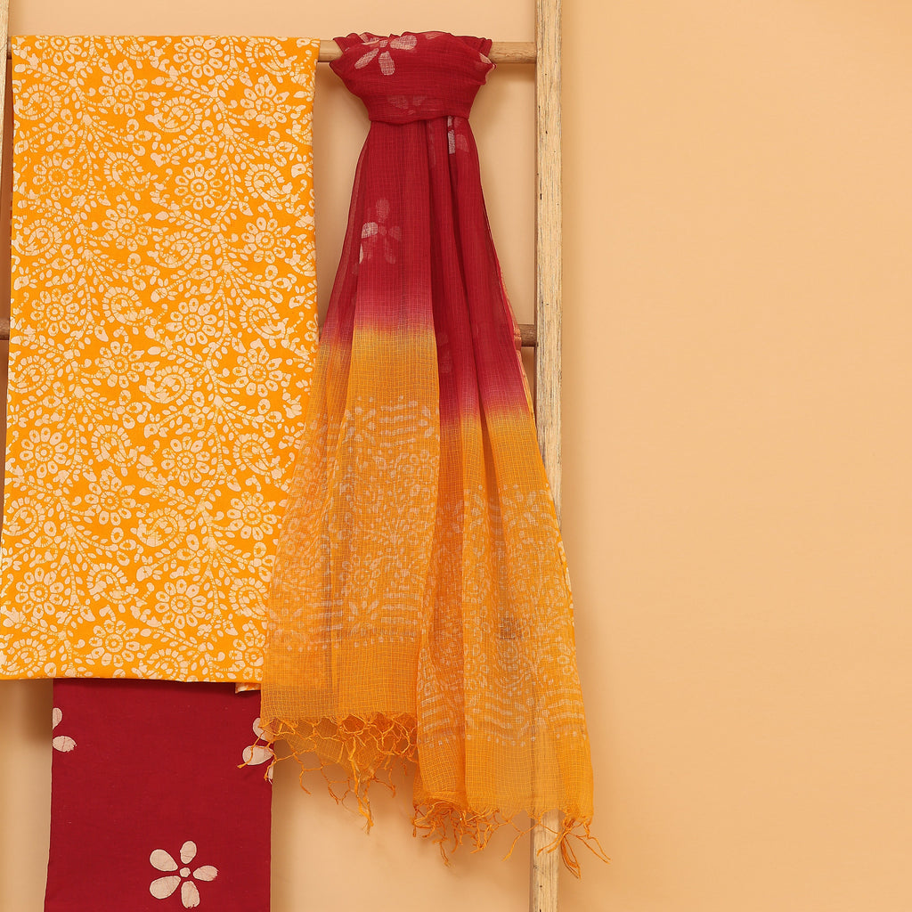 Yellow floral hand block printed  cotton unstitched Suit set