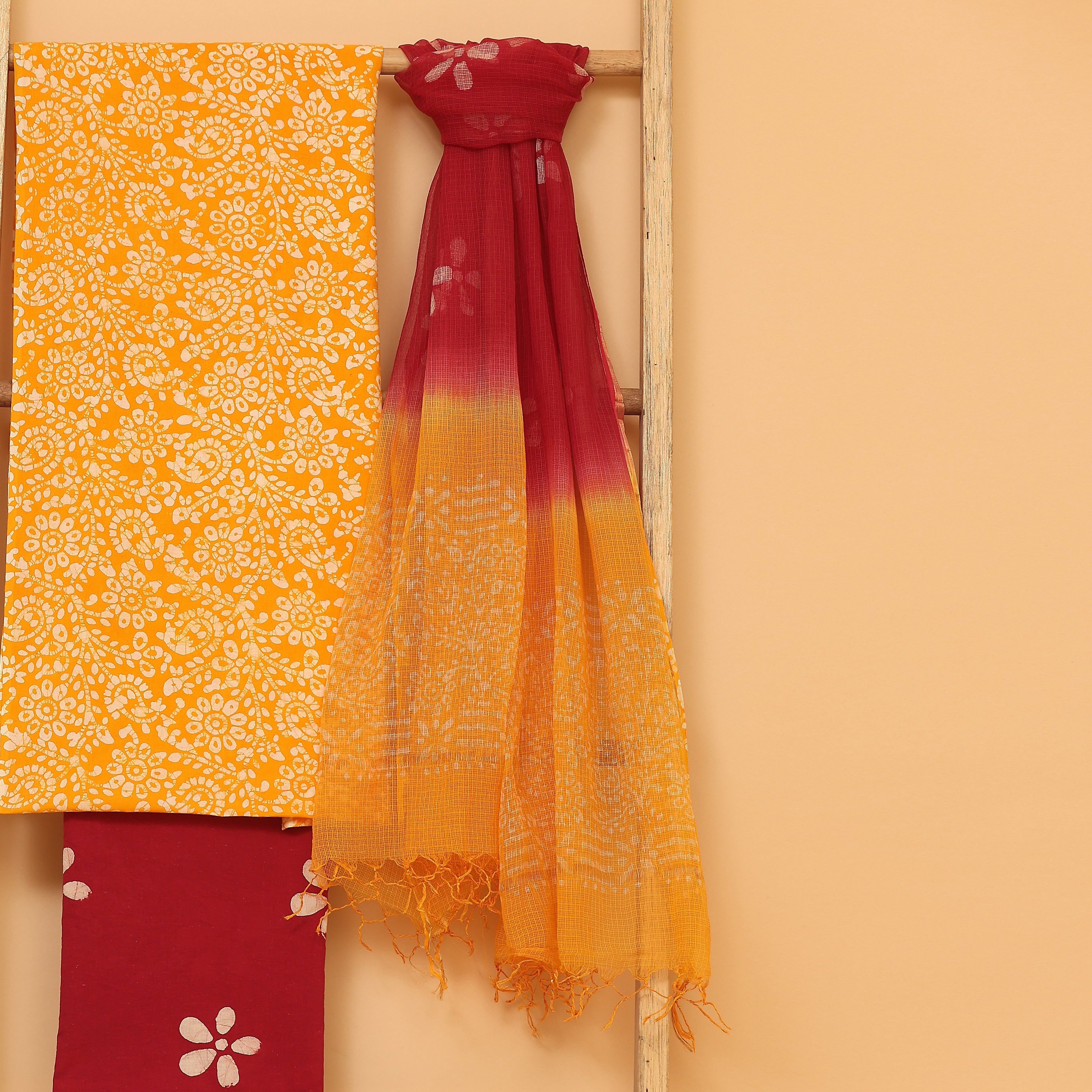 Yellow floral hand block printed  cotton unstitched Suit set