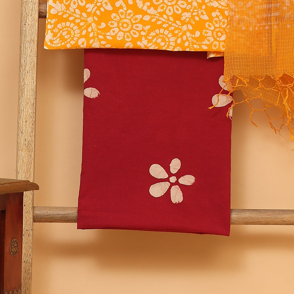 Yellow floral hand block printed  cotton unstitched Suit set