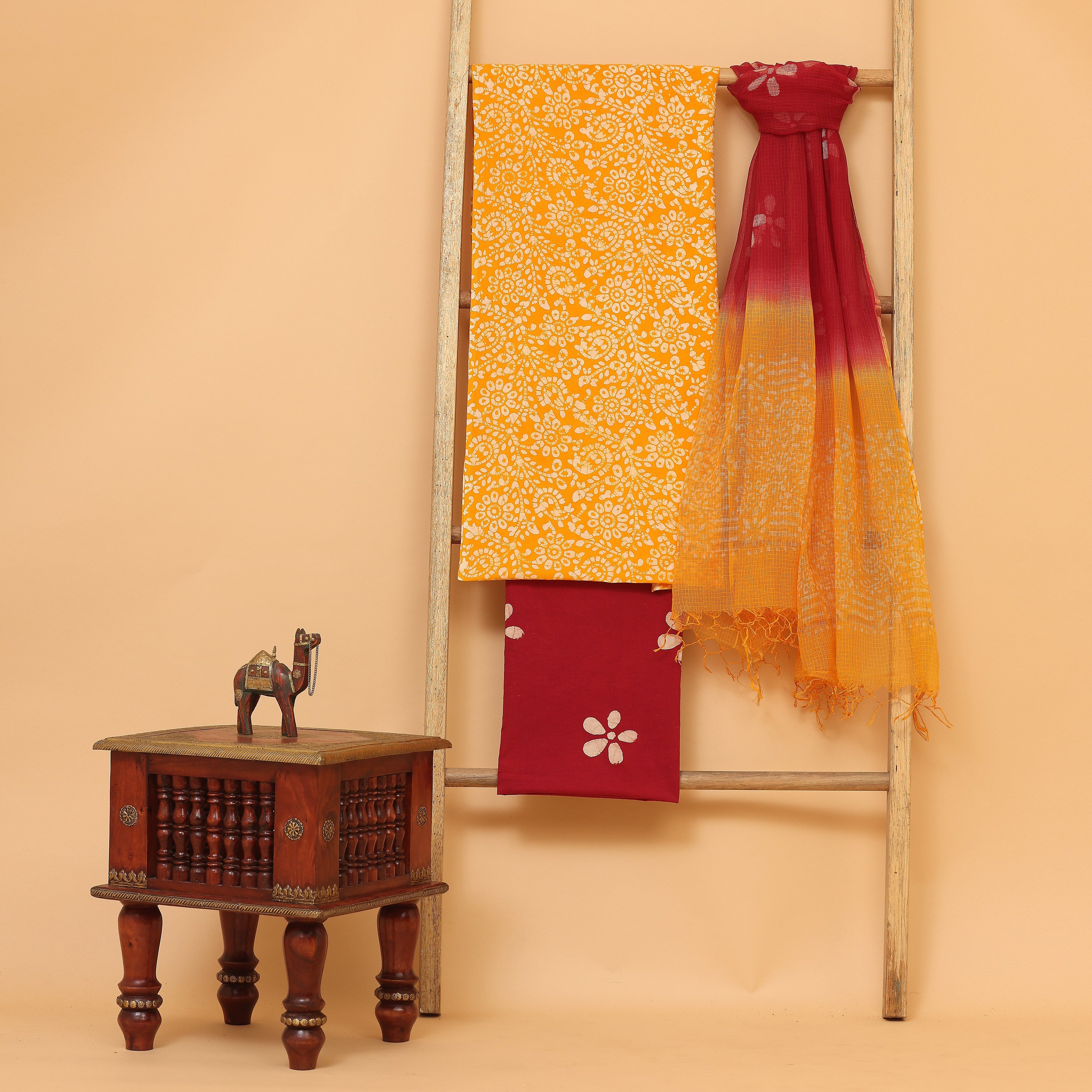 Yellow floral hand block printed  cotton unstitched Suit set