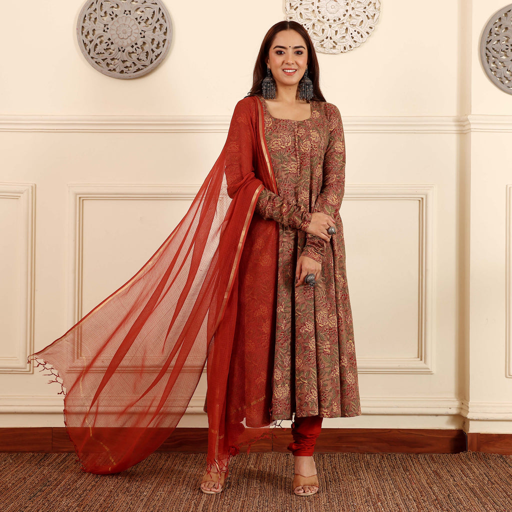 Sindoori Hand Block Cotton Kalidar Set