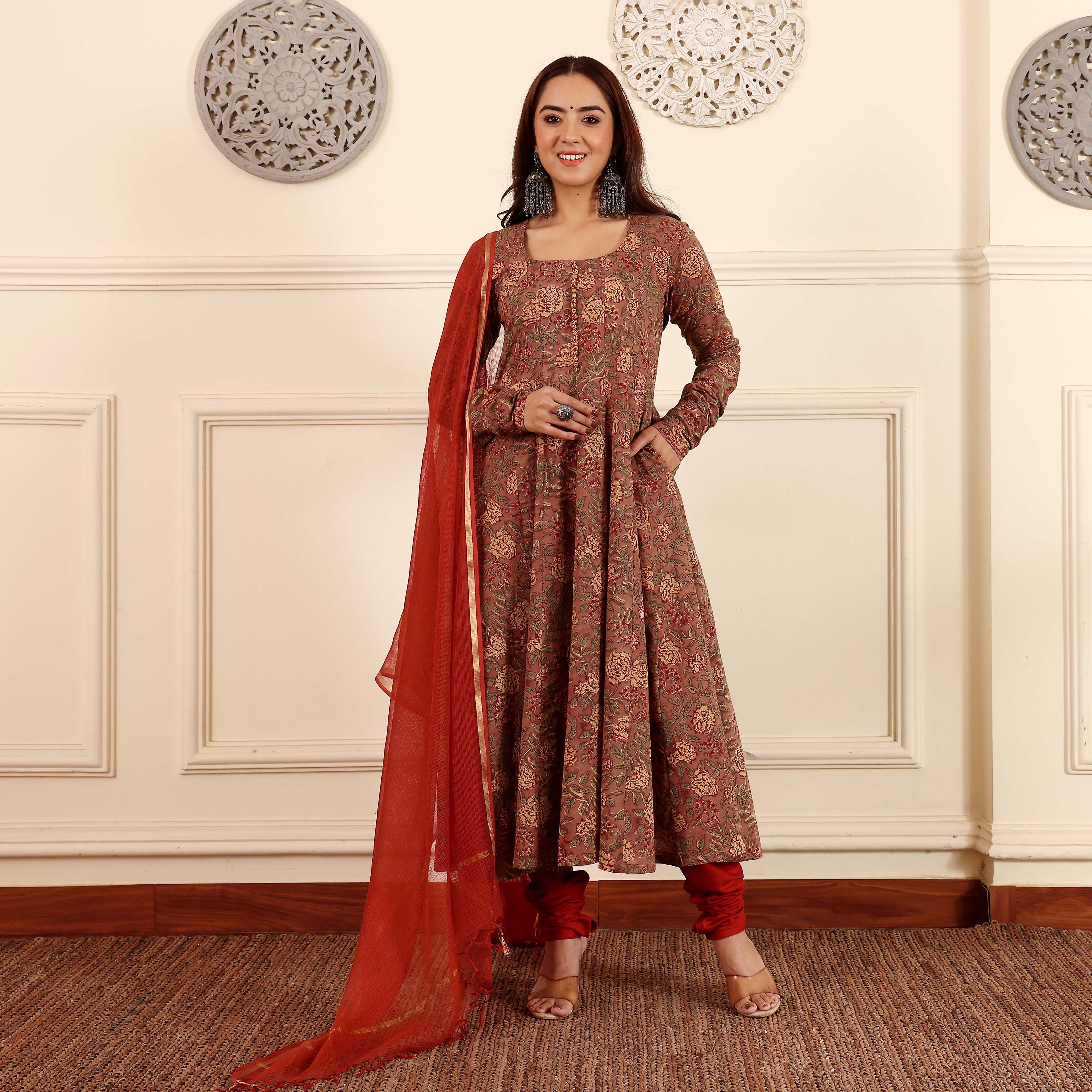 Sindoori Hand Block Cotton Kalidar Set