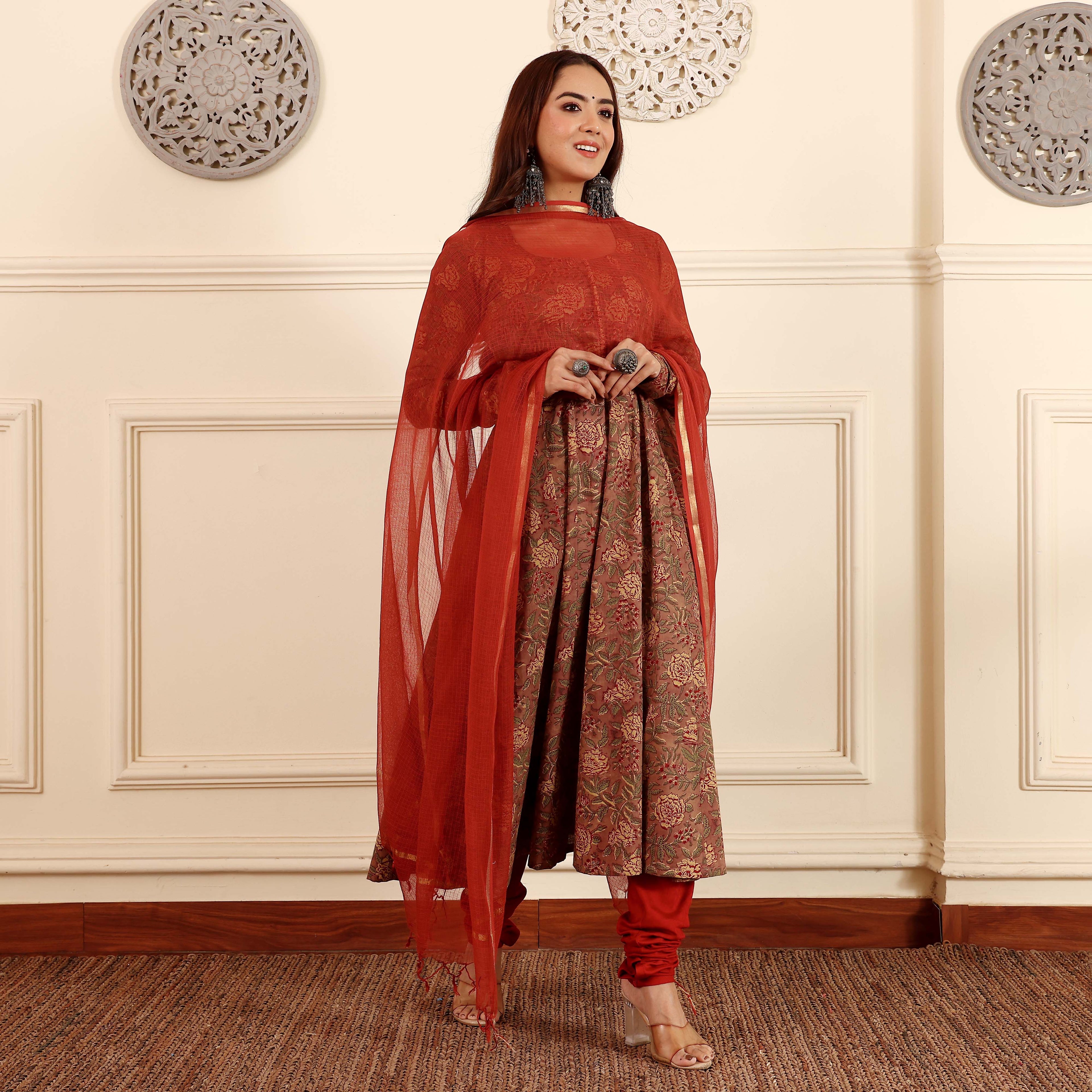 Sindoori Hand Block Cotton Kalidar Set
