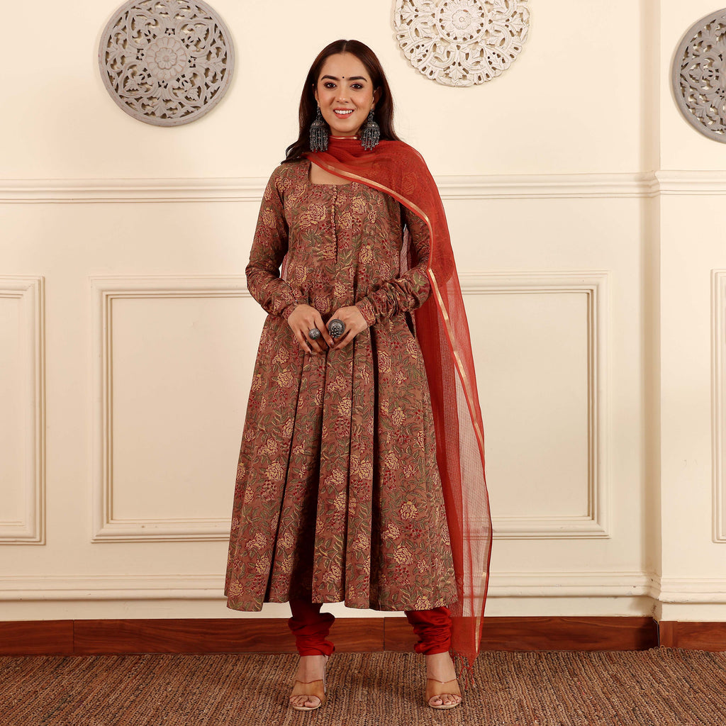 Sindoori Hand Block Cotton Kalidar Set