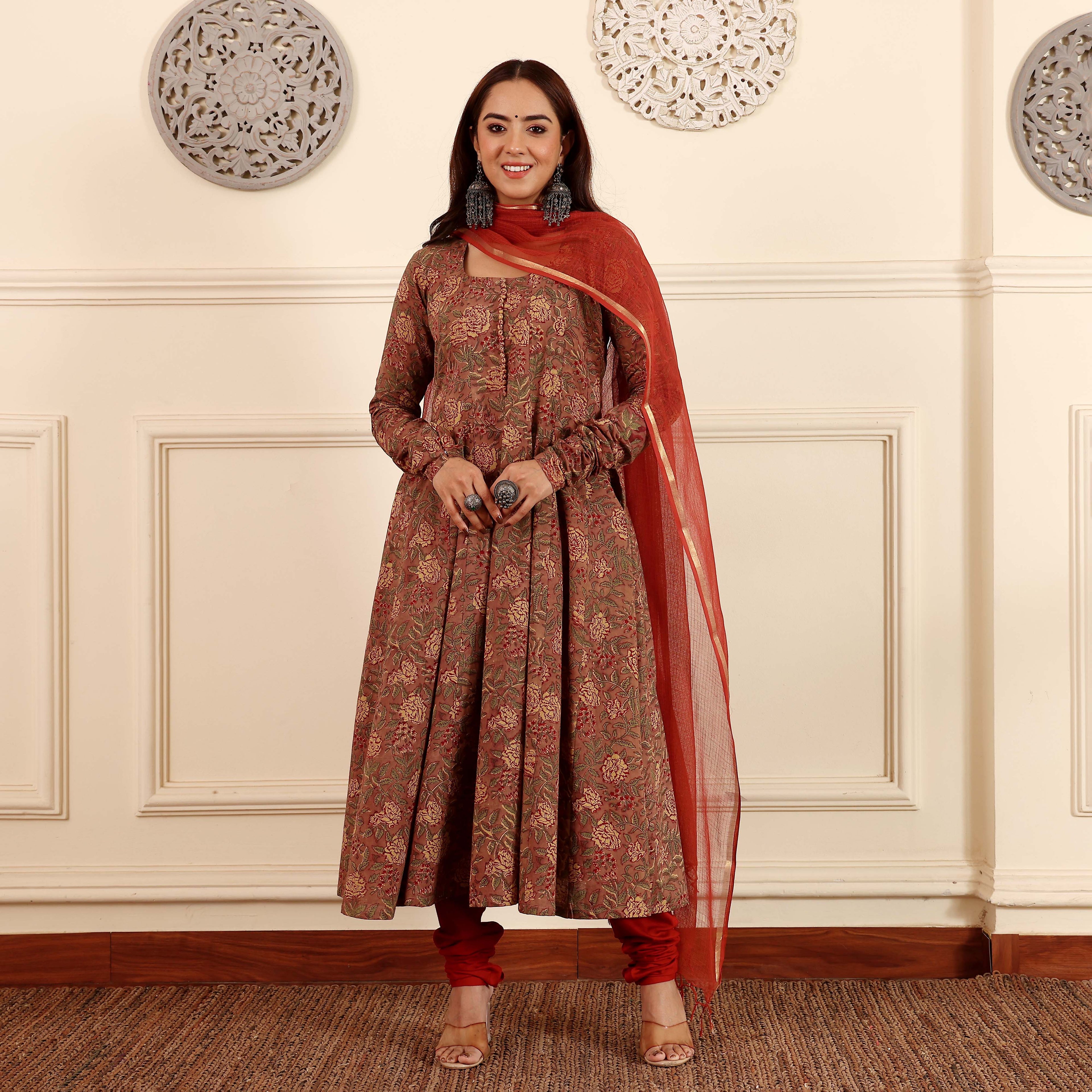 Sindoori Hand Block Cotton Kalidar Set