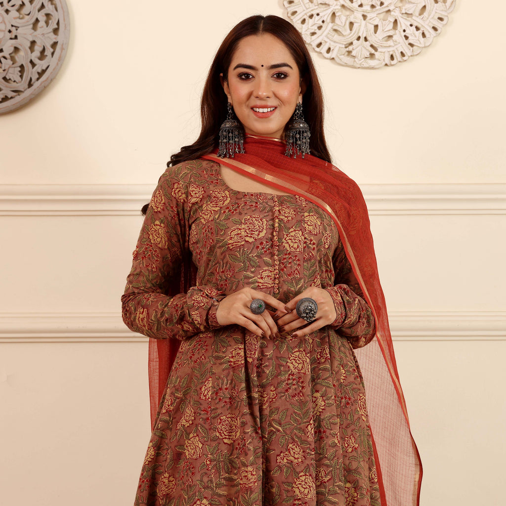 Sindoori Hand Block Cotton Kalidar Set
